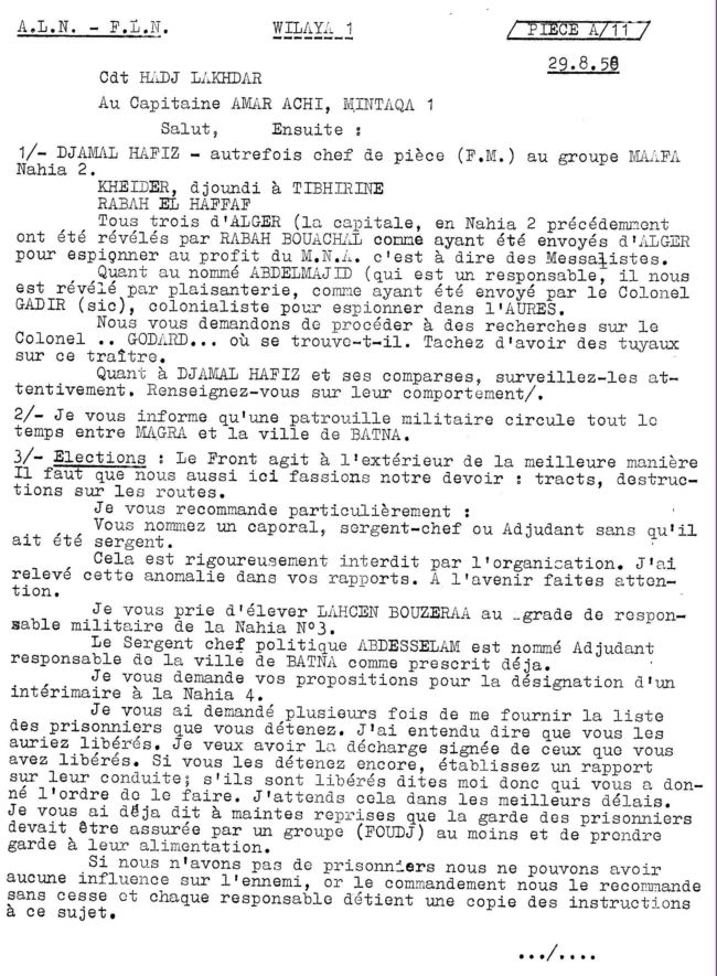 DOC FLN A 11   WILAYA 1 LETTRE DU Cdt El Hadj Lakhder au Capitaine Amar achi
