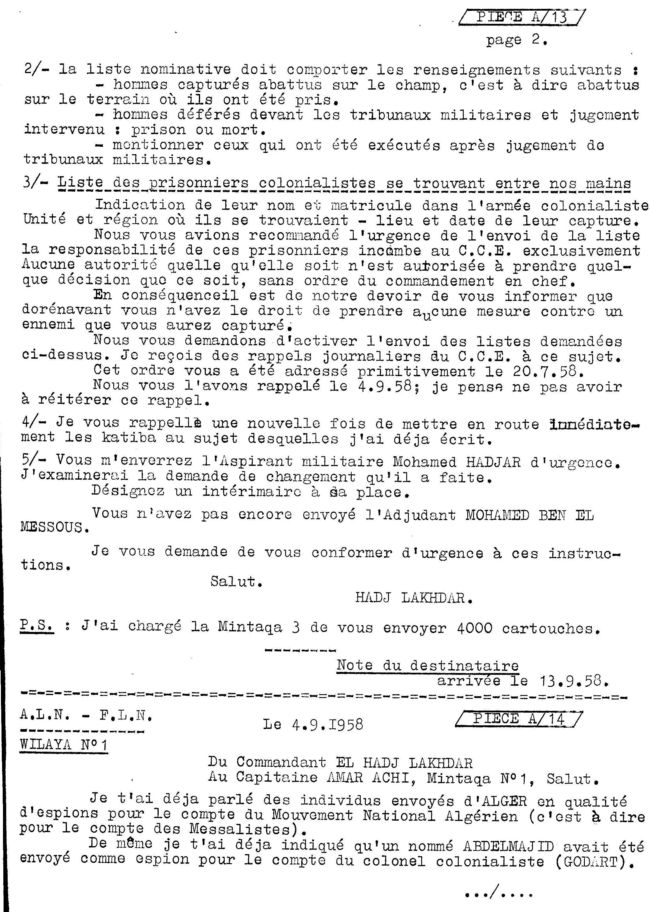 DOC FLN A 13-2ET A14 WILAYA 1 LETTRE DU Cdt El Hadj Lakhder au Capitaine Amar ACHI chef Mantika 1