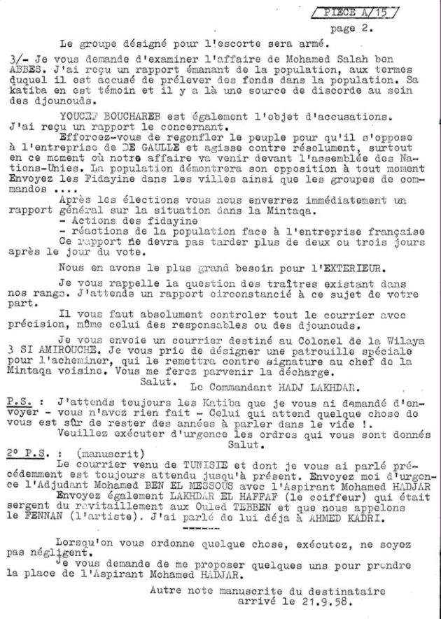 DOC FLN   A15-2  WILAYA 1 lettre di Cdt  El hadj Lakhder au cpt Amar   Achi chef mantika 1 du 21/09/1958