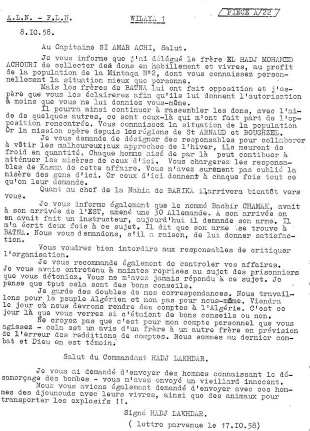 doc FLN A22 LETTRE DU Cdt EL HEDJ LAKHDER AU Cpt AMAR ACHI Cher de la mantika 1  du 17/10/1958