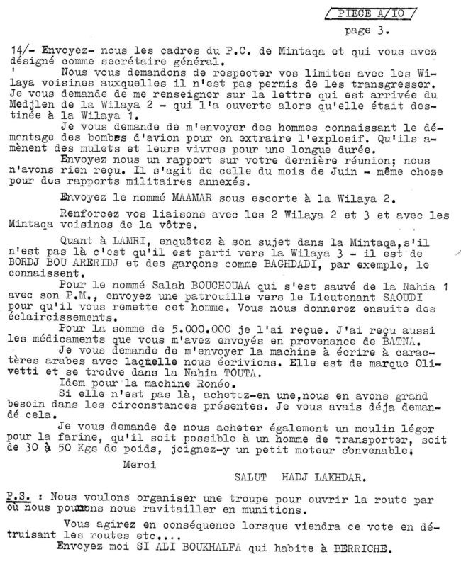 Document   FLN     A10-3  ORDONNANCE pour application AU Cdt El hadj Lakhder