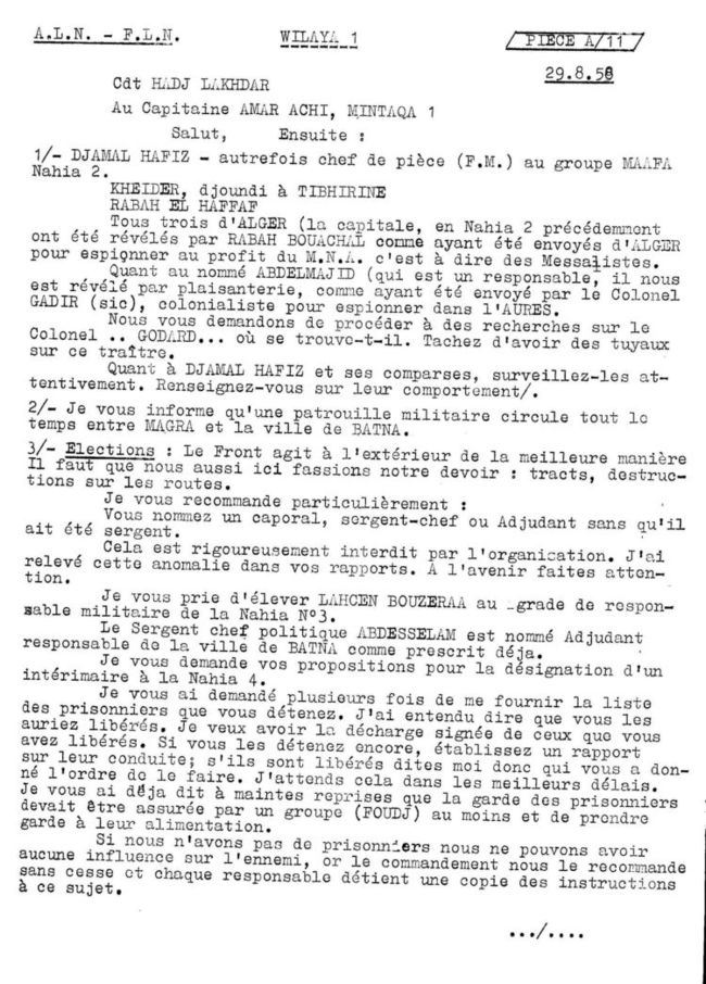 DOC FLN A 11   WILAYA 1 LETTRE DU Cdt El Hadj Lakhder au Capitaine Amar achi du 28/9/1958