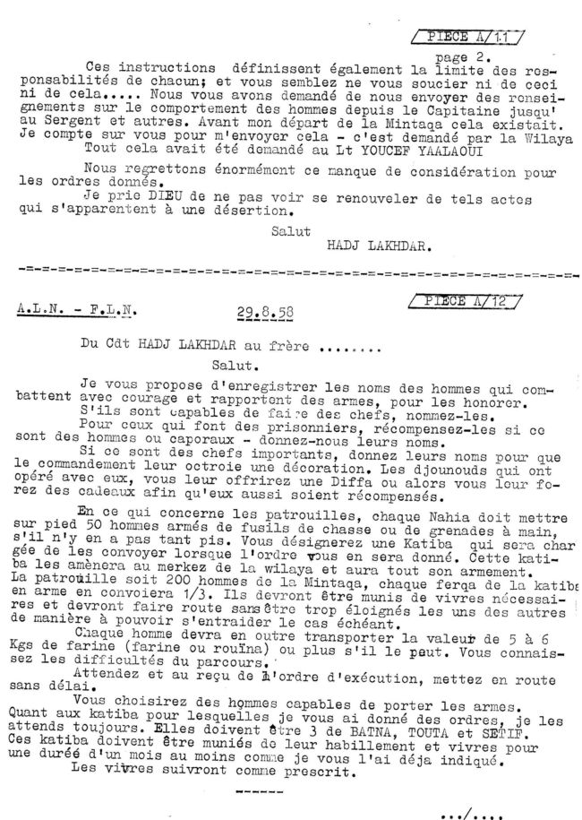 DOC FLN A 11   WILAYA 1 LETTRE DU Cdt El Hadj Lakhder au Capitaine Amar achi du 29/9/1958