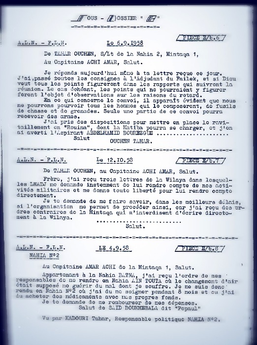 Lettres de Mr Tahar Ouchen S/L de la nahiya 2 mantika 1  W1 au Cpt  Mr Achi A mar du 4/9/1958 et du 6/10/1958 et du 10/ 9 /1958