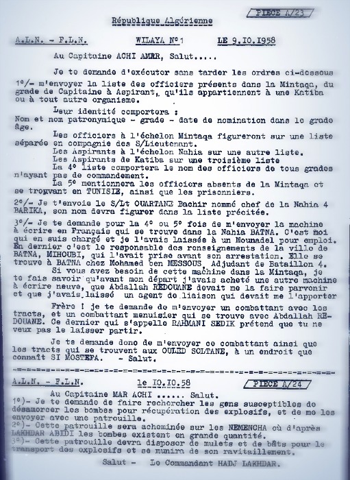 Note de service du Cdt El hadj lakhder au Cpt Achi ammar  le 09/10/1958 pour application.