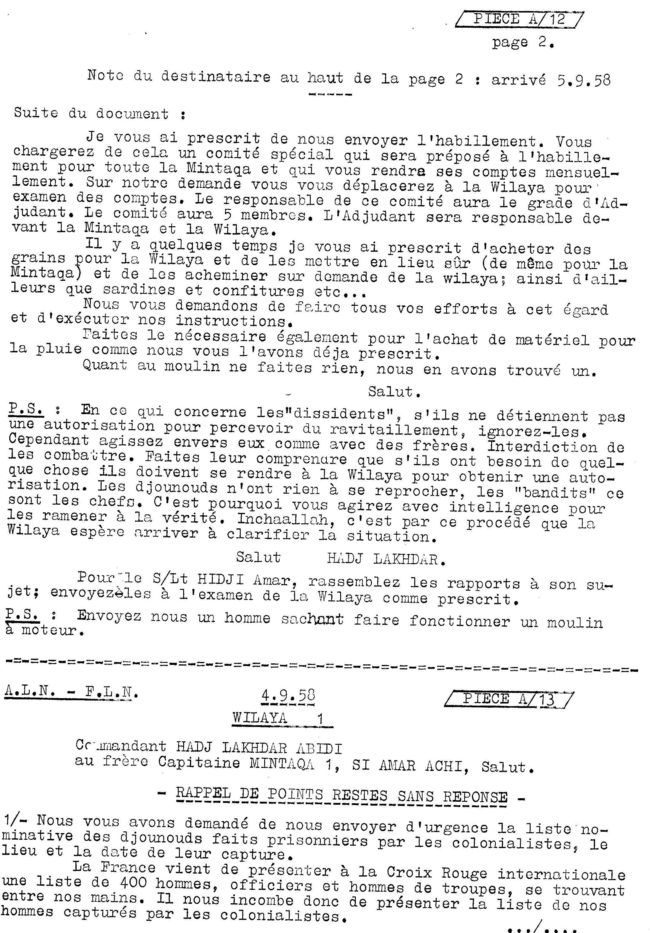 وثيقة افلان ا12-2 مدكرة خدمة من الحاج لخضر 5/9/1958