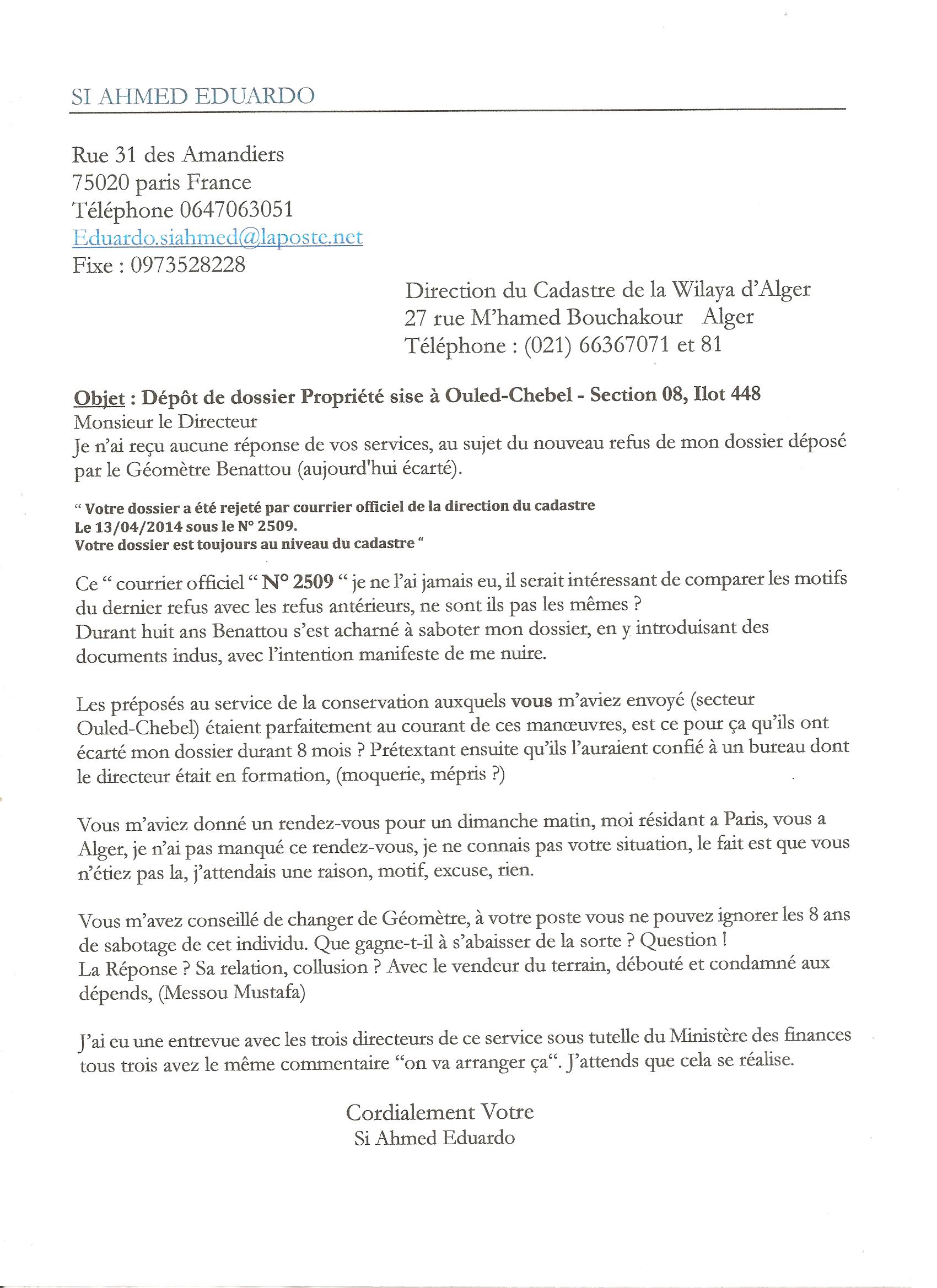 Lettre au directeur du Cadastre 20 10 2014