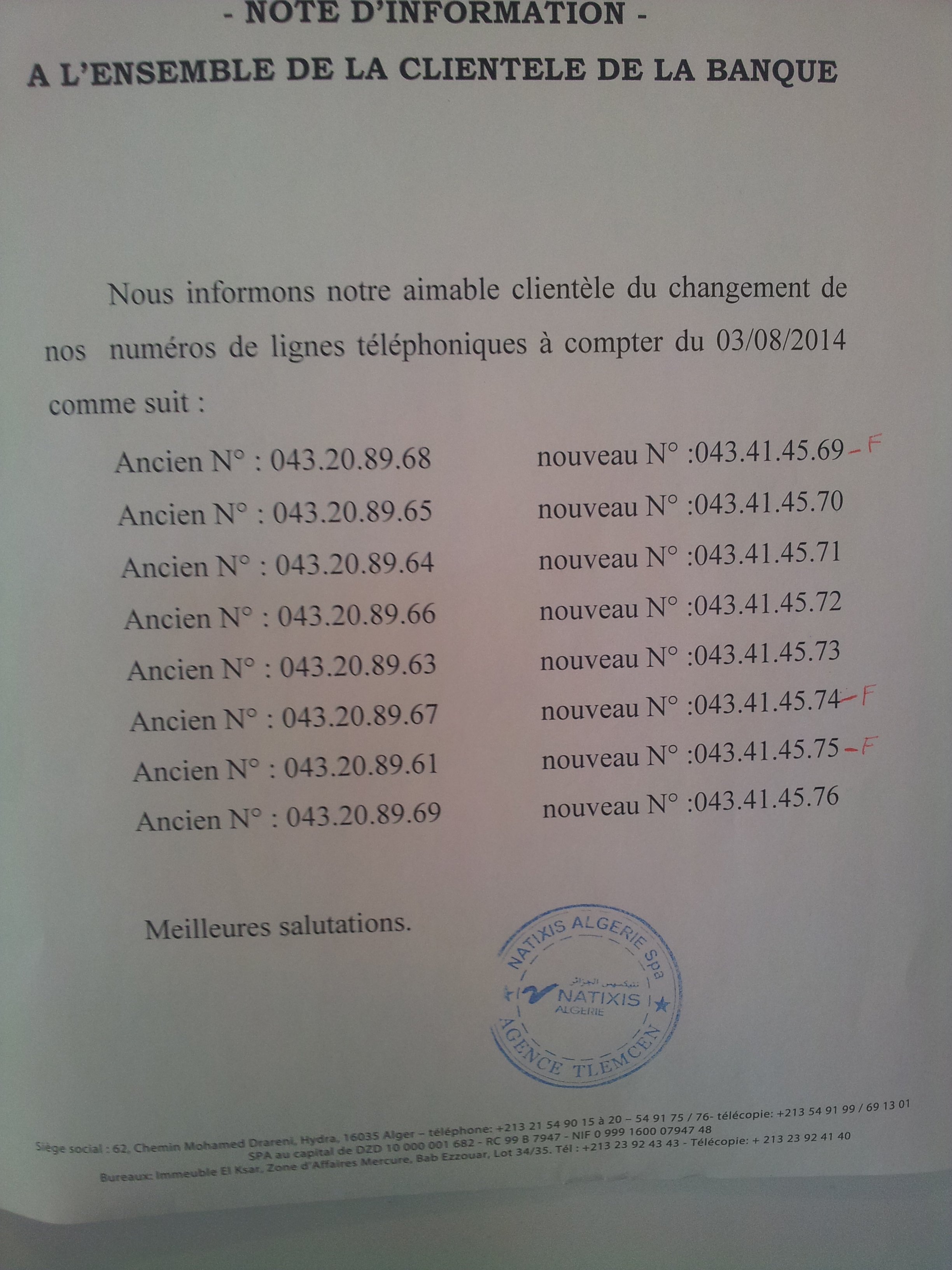 Nouveaux numéros de téléphone de Natixis Tlemcen