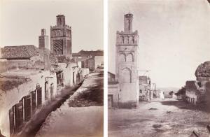Algérie. Tlemcen. Mosquée Sidi Boumediene. Porte de la mosquée. Mosquée Sidi Brahim. Rue de Tlemcen et minaret. Campement. Architecture et végétation. Sept , ca. 1860–1865