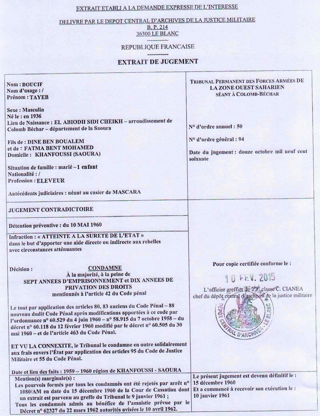 extrait du jugement de hadj tayeb boucif