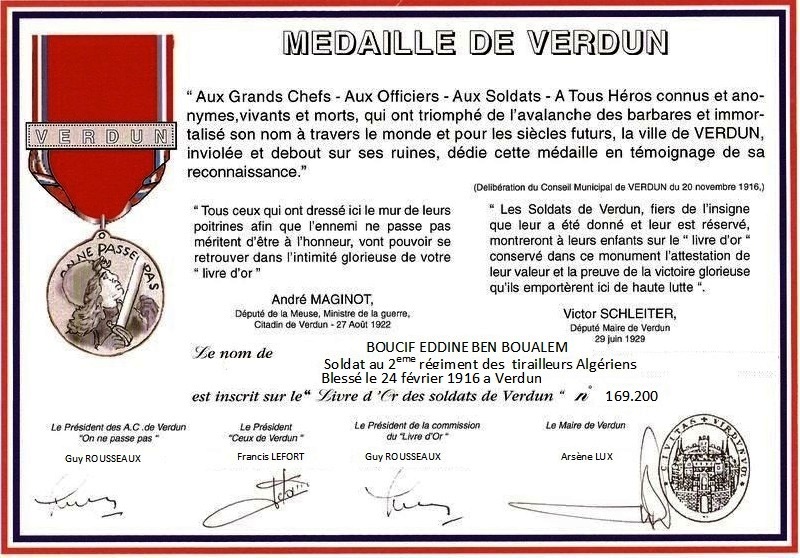 médaille de Verdun décerné à Hadj Eddine Boucif