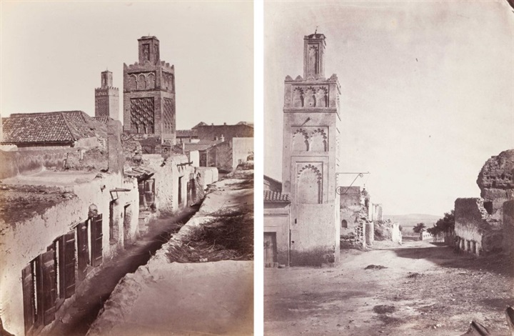 Algérie. Tlemcen. Mosquée Sidi Boumediene. Porte de la mosquée. Mosquée Sidi Brahim. Rue de Tlemcen et minaret. Campement. Architecture et végétation. Sept , ca. 1860–1865