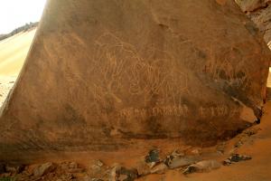 Tadrart, Algérie. Gravure de troupeau d\'éléphants marchant à gauche. Les éléphants sont gravés dans le contour poli avec une décoration sur les troncs et les oreilles.