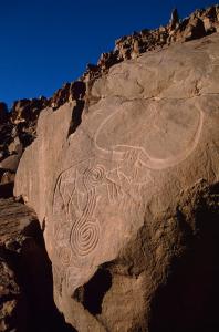 Oued Afar, Algérie. Vue oblique de gravures de spirales superposition Bubalus.