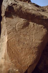 Oued Djerat, Algérie. Bubalus. Cornes énormes sont polies avec des patrons décorées. Possible \'collier\' sur le cou. Homme picoté se situe en deçà de la tête de Bubalus.