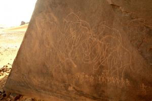 Tadrart, Algérie. Vue plus rapprochée de l\'article gauche des éléphants gravés.