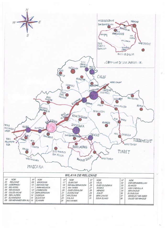 خريطة تبين بلديات ولاية غليزان