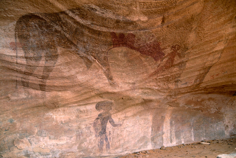 Oued Djaret, Algérie. Vue oblique de la paroi arrière de l'abri. Au-dessus, grande vache rouge vers le blanc animal droite et la superposition a l'homme rouge, un genou plié et tenant un objet à nez de vache.