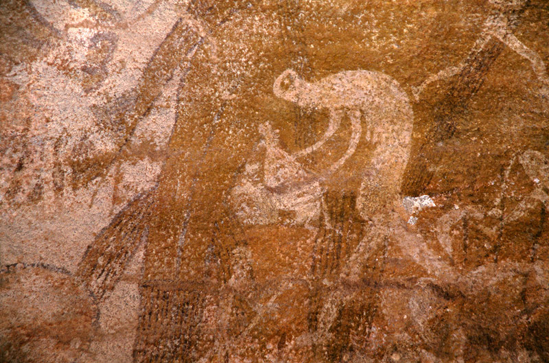 Oued Djaret, Algérie. Femme avec des virages de corps allongés gauche tenant possible d'insectes et sac à mains tendues.