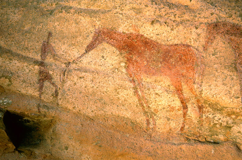 Tarssed Jebest, Algérie. Faded homme debout rouge tenant les rênes du cheval rouge délavé tourné vers la gauche.