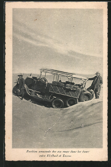Position amusante des six roues dans les dunes entre Tozeur et El Oued