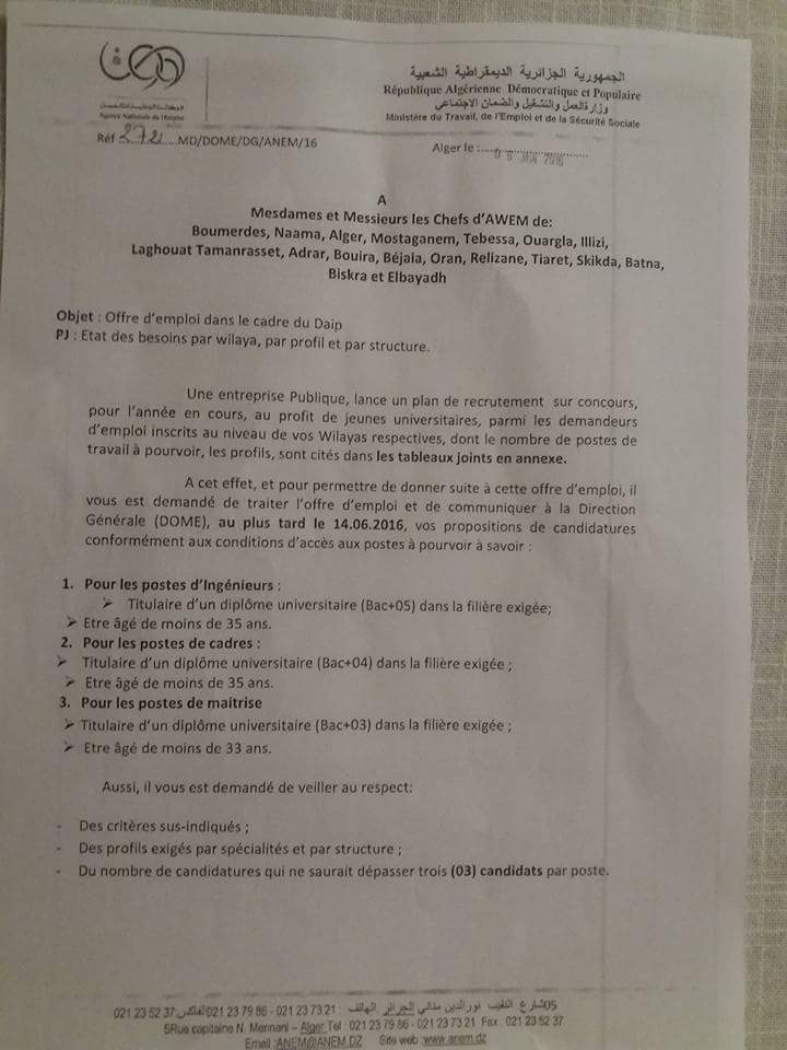 Avis de recrutement 1221 poste SONATRACH