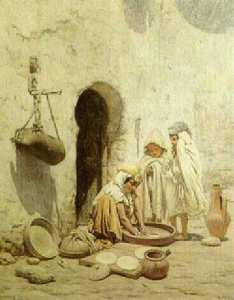 Peinture d'Algérie - Peintre Français, Louis-Auguste Girardot (1856-1933), huile sur toile, titre   Préparation des galettes de pain.