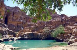 Djanet (wilaya d'Illizi) : Rivage rocheux de la Guelta de Tikoubaouine dans le Canyon d'Essendilène.