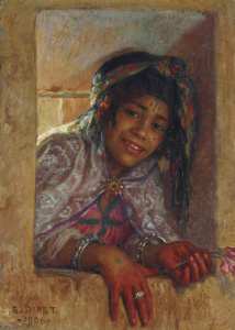 Étienne Dinet - Nasreddine Dinet  Fillette à la fenêtre  1906 Bousaada - Algérie