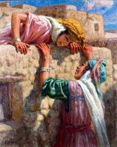 Etienne Dinet (1861 -1929 ) « Petites voisines causant sur les terrasses » Bou Saâda - Algérie