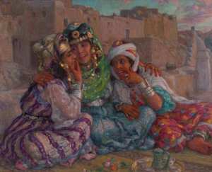 Étienne Dinet - Nasreddine Dinet  filles assises sur une terrasse de BouSaadâ