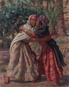 Étienne Dinet - Nasreddine Dinet (1861 - 1929)   La lutte des fillettes  Bou Saâda - Algerie - Huile sur toile