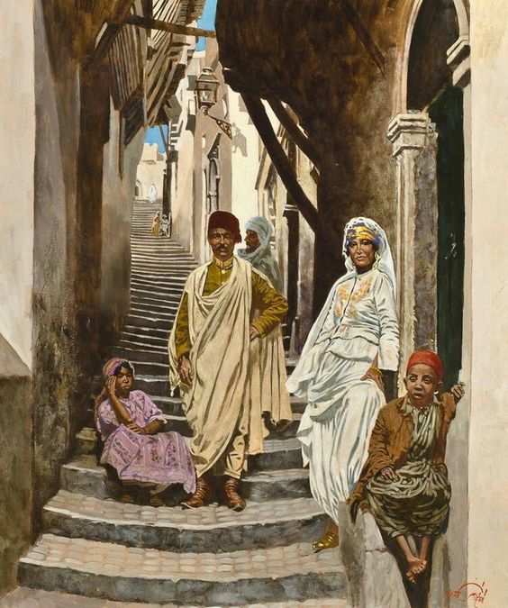 Peinture d'Algérie  Peintre Français, Jean-François ARRIGONI-NERI (Né en 1937), Huile sur carton, Titre  Scène de rue de la Casbah.