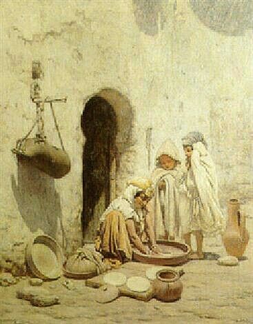 Peinture d'Algérie - Peintre Français, Louis-Auguste Girardot (1856-1933), huile sur toile, titre   Préparation des galettes de pain.