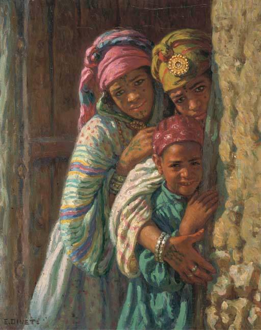 Deux jeunes filles et un garçon devant une porte à Bou Saâda par Étienne Dinet - Nasreddine Dinet(1861-1929)
