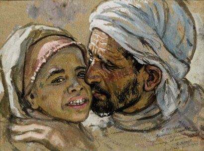 Tendresse Paternelle par Nasreddine Dinet Huile sur papier en bas à droite