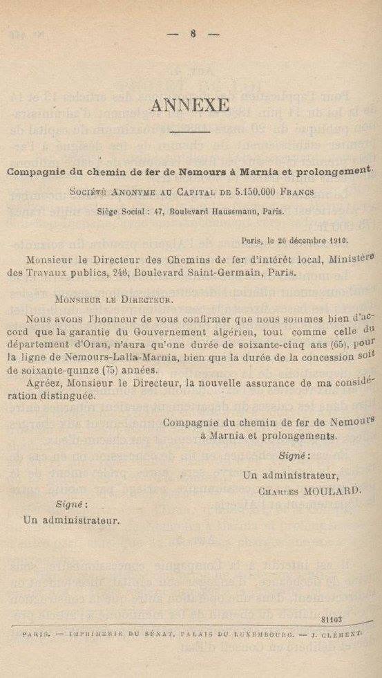 Le projet du chemin de fer Nemours/Magnia approuvait au sénat le 19 Juin 1924.(un extrait).