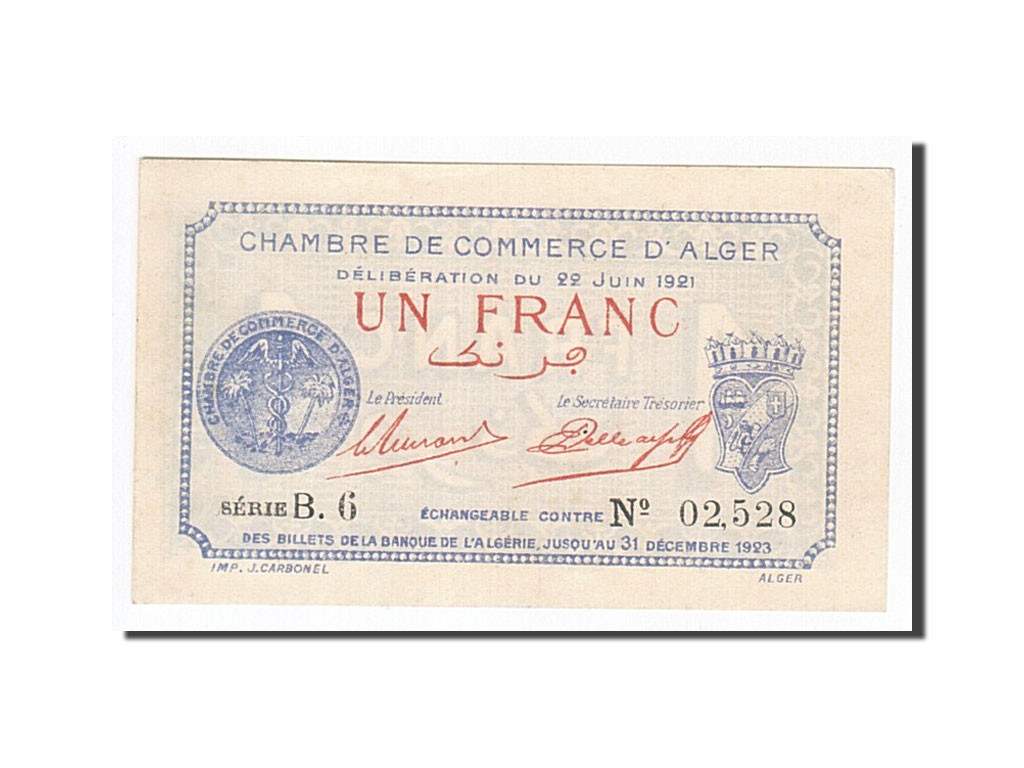 Algeria, Alger, 1 Franc, 1921, 1921-06-22 face