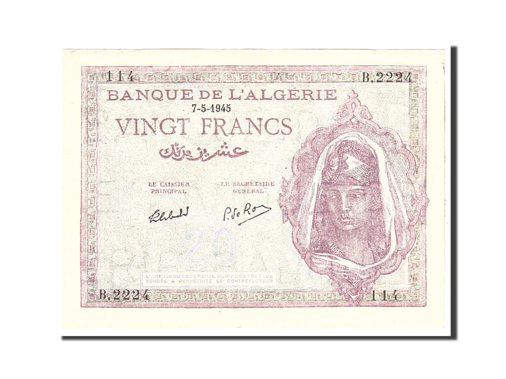 Algeria, 20 Francs, 1945-05-07 face