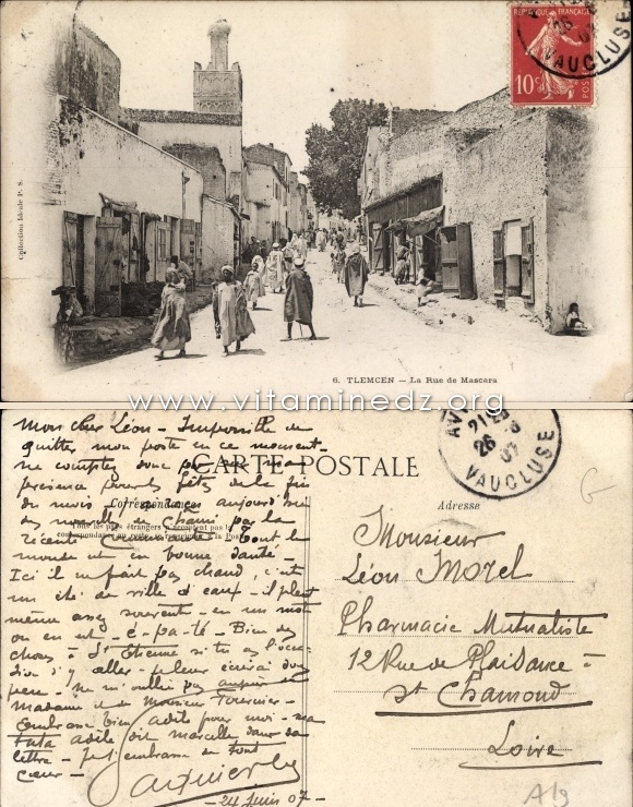 Carte postale de Tlemcen envoyée en 1907 (Rue de Mascara)