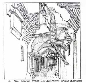 Croquis de la Casbah par Paul Guion : Rue Consul Deval en démolition (Sabat El Haout)