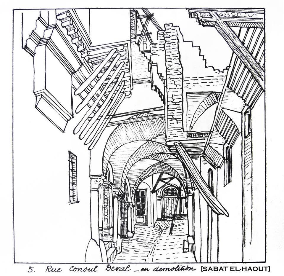 Croquis de la Casbah par Paul Guion : Rue Consul Deval en démolition (Sabat El Haout)