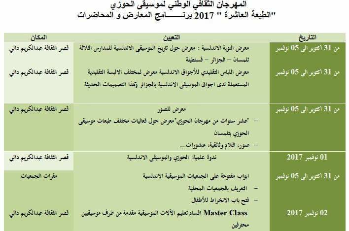ستعقد الدورة العاشرة لمهرجان حوزي الوطني للموسيقى من 31 أكتوبر إلى 5 نوفمبر 2017 في قصر الثقافة - ولاية تلمسان. كن في موعد