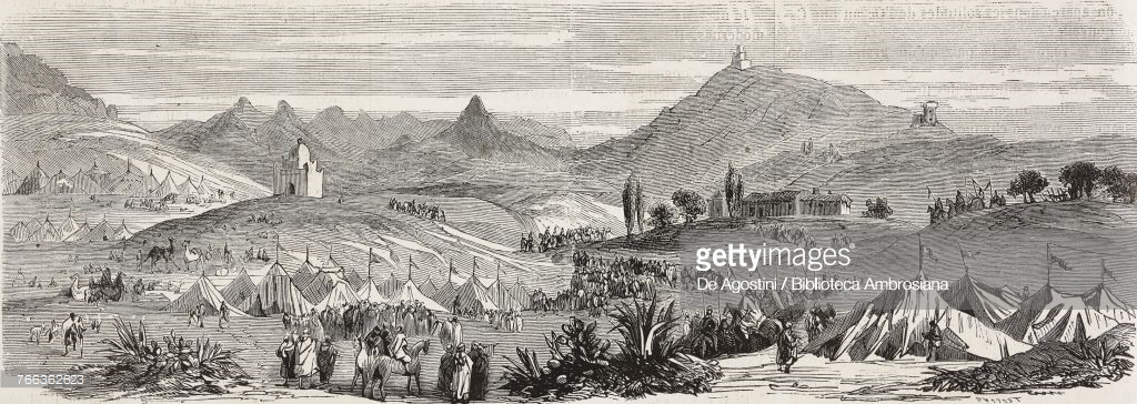 Des nomades arabes saluant l'empereur Napoléon III le long de la route de Sidi-Bel-Abbes, Algérie, illustration tirée de l'Illustration, Journal Universel, n ° 1163, volume XLV, 10 juin 1865