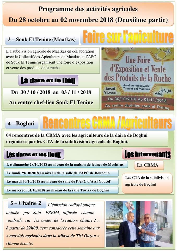 Programme des activités agricoles su 28 octobre au 03 novembre 2018