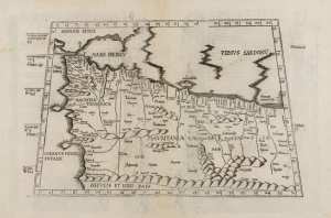 carte ptolémaïque trapézoïdale couvrant le Maroc, la Mauritanie, le Sahara occidental, l'Algérie et la frontière occidentale de la Libye