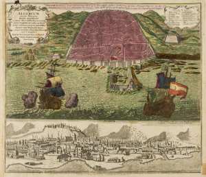 Plan d'Alger et de son port, avec deux grands galions et une vue panoramique au-dessous, de  Atlas Novus