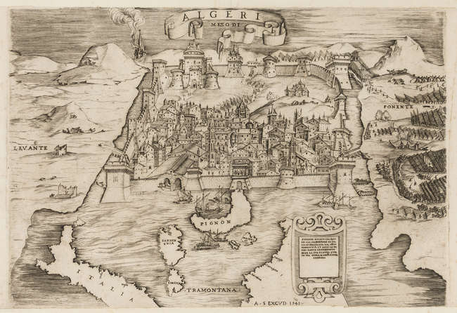 Carte : Vue sur la ville fortifiée et le port d'Alger vers 1541