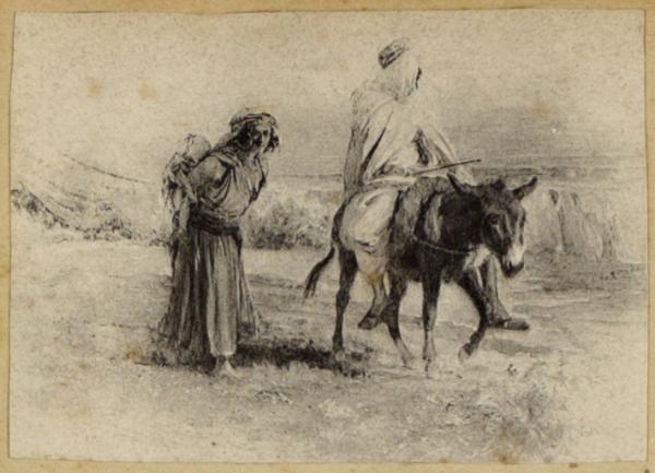 [Vieille femme et homme sur un âne] (Photo rare)