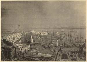 [Alger]. Amirauté et port turc (Otth). Phare et poudrière   Le Pegnon .  Le pegnon ou forteresse (de pena gros rocher en espagnol fut construit par Pedro Navarro, en 1510. [...] Ces massifs rocheux étaient appelés el-Djezaer [...] [extrait du  Pegnon d'Al (Photo rare)